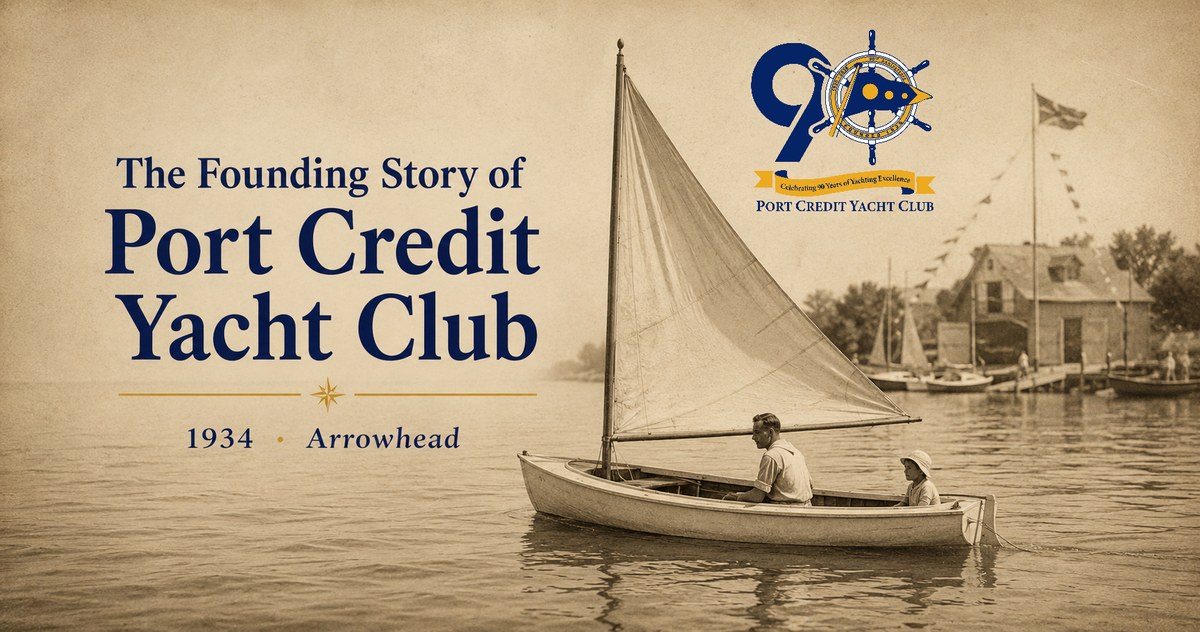 Restored vintage-style photograph of Ted Schofield and his daughter Edna sailing the original club boat Arrowhead in 1934, with the title The Founding Story of Port Credit Yacht Club and the 90th anniversary crest.