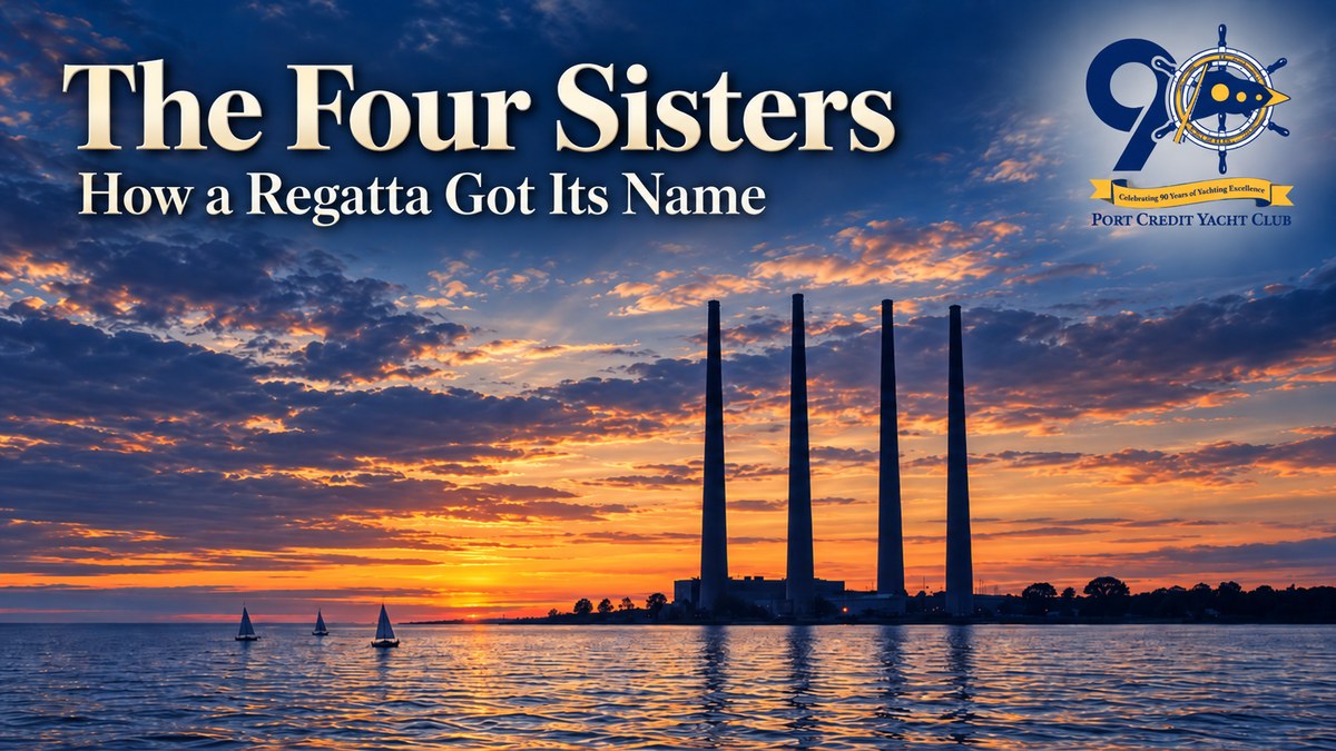 The four smokestacks of the Lakeview Generating Station silhouetted against a deep evening sky on the Mississauga shoreline, seen from Lake Ontario with small sailing dinghies in the distance, as the shoreline looked before 2006.