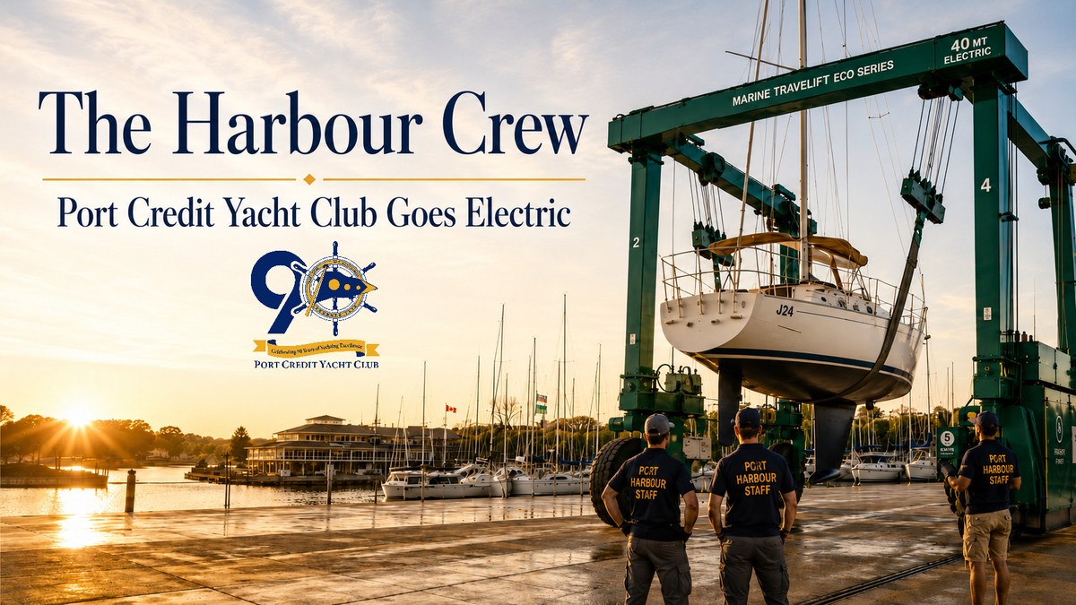 Photograph of PCYC Harbour Staff, shown from behind, watching a sailboat lifted by the Club's new 40-ton electric marine lift at golden hour, marking the Club's harbour operations team.