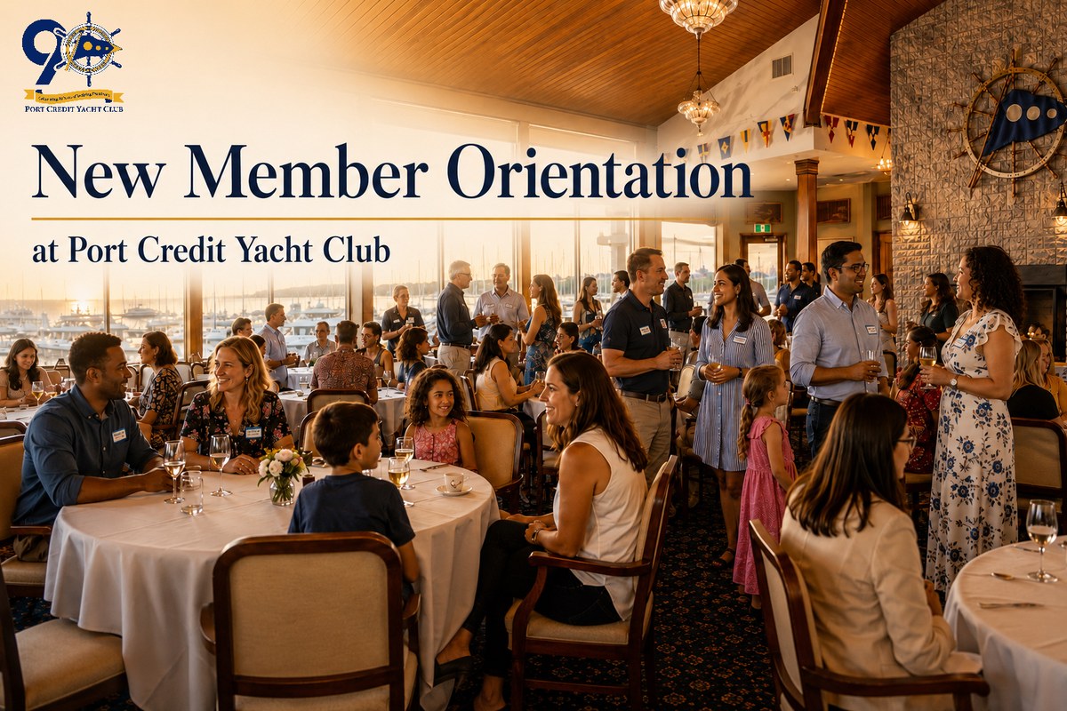 Photograph of Port Credit Yacht Club's clubhouse during a New Member Orientation evening, welcome gift bags on a table beneath the Club's burgee wall, marking the start of a new member's first season.