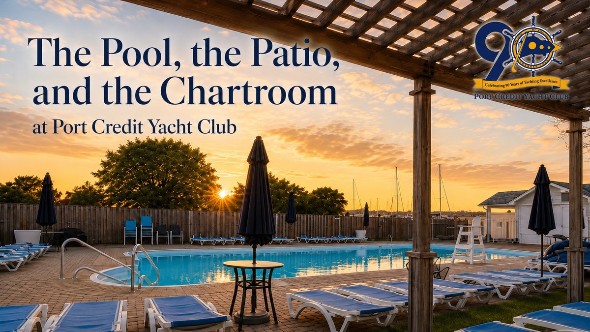 Photograph of Port Credit Yacht Club's pool at sunset, framed by a wooden pergola with the marina visible beyond, marking the Club's warm-weather amenities beyond the docks.