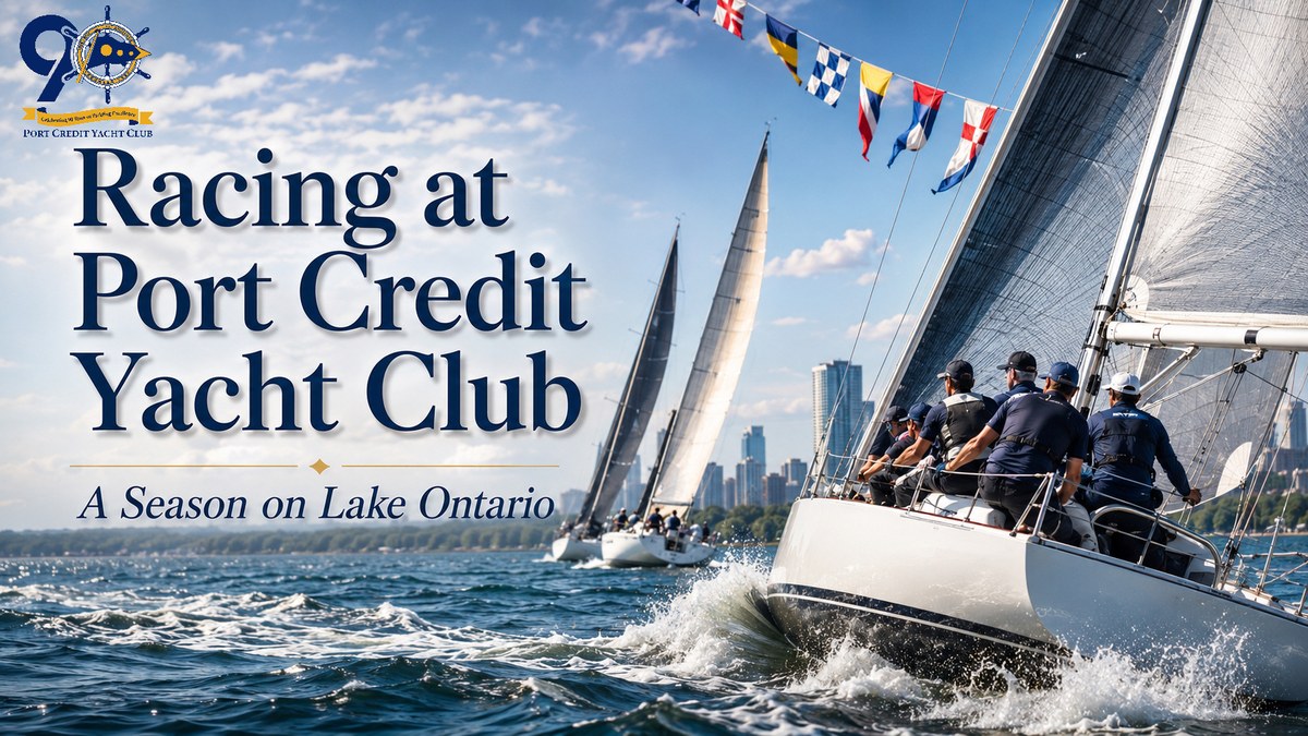 Photograph of a fleet of sailboats racing on Lake Ontario near Port Credit Yacht Club, with the Club's marina and clubhouse visible in the background, marking PCYC's racing calendar.