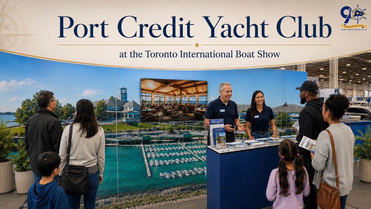 Photograph of Port Credit Yacht Club's booth at the Toronto International Boat Show, featuring a scale model of the Club's marina and a staff conversation with prospective members, marking the Club's presence at the region's largest indoor boat show.